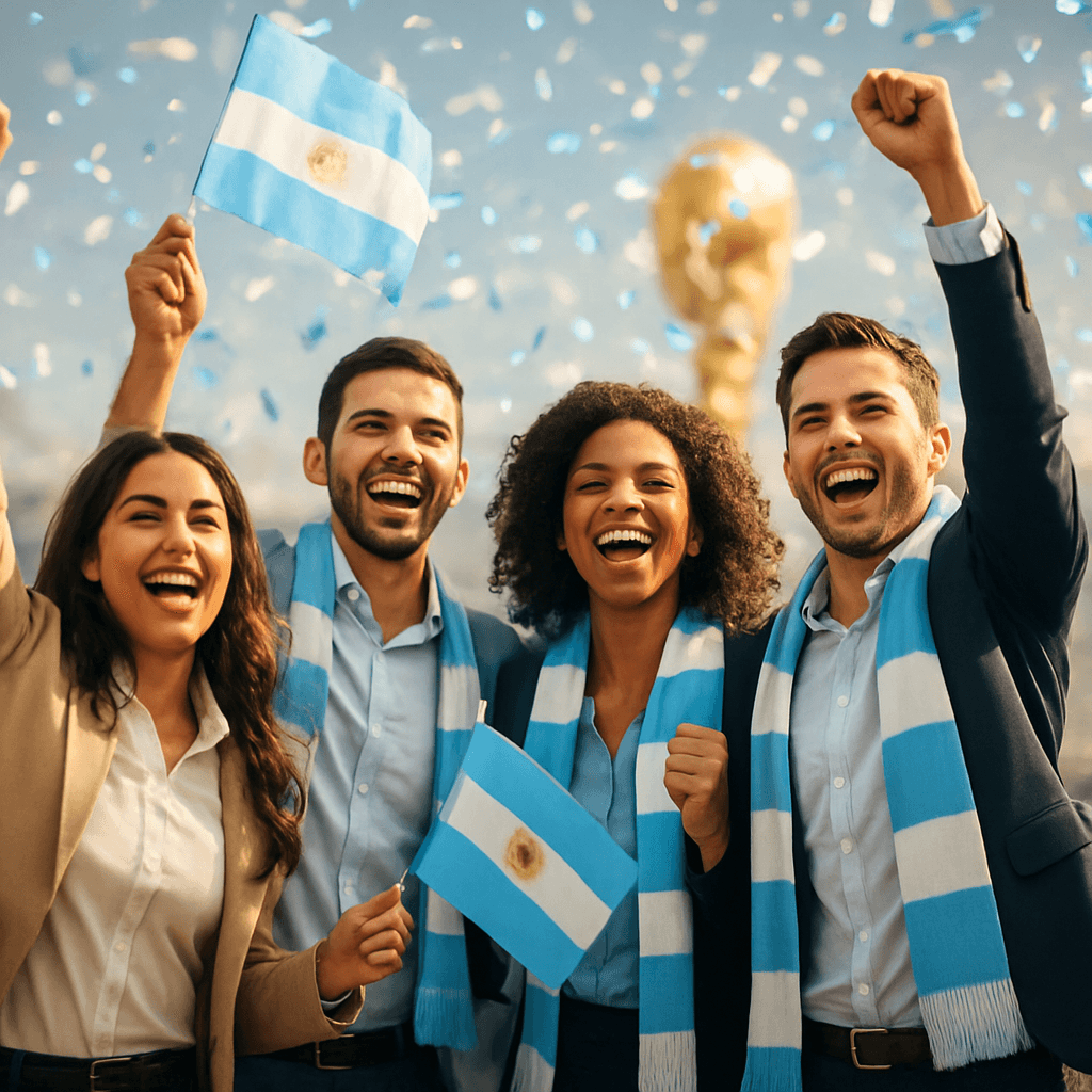 Profesionales argentinos celebrando con banderas celeste y blanca, acompañando el Mundial